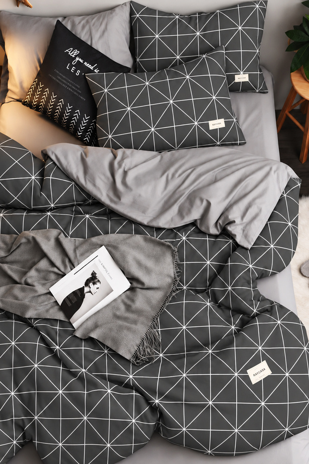 Duvet Cover Set with Fitted Sheet Double Geometric Grey
