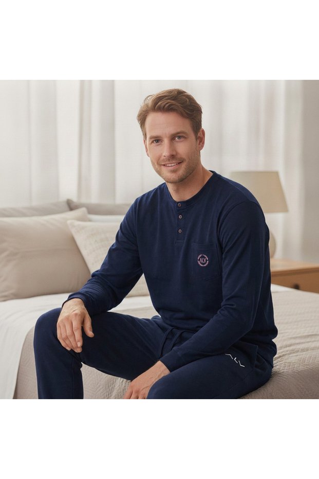 Men's Cotton Collared Buttoned Pocketed Gift Bundle and Dowry Set Navy Blue Color Pajama Set Al007