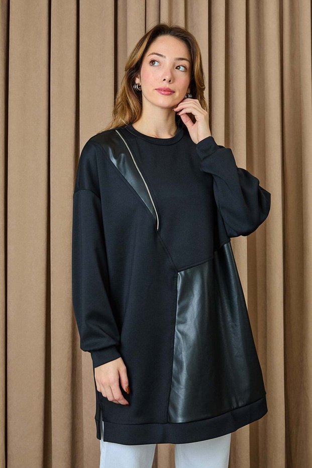 Women's Asymmetrical Tunic with Zipper and Leather Detail - 10728Tun Black