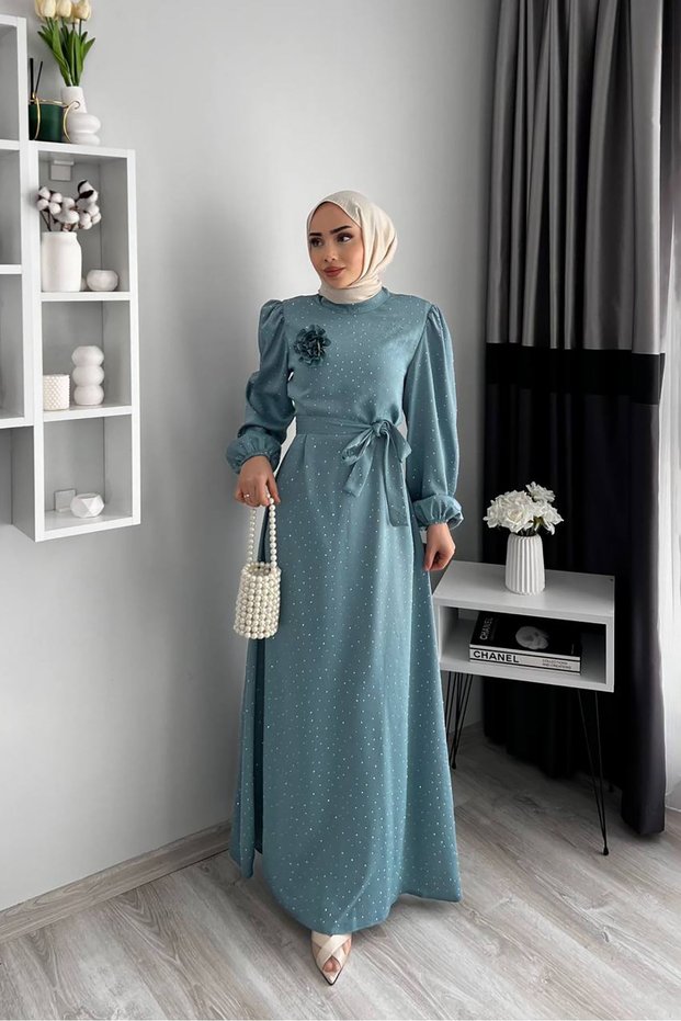 Women's Satin Stone Detailed Hijab Dress Nms050