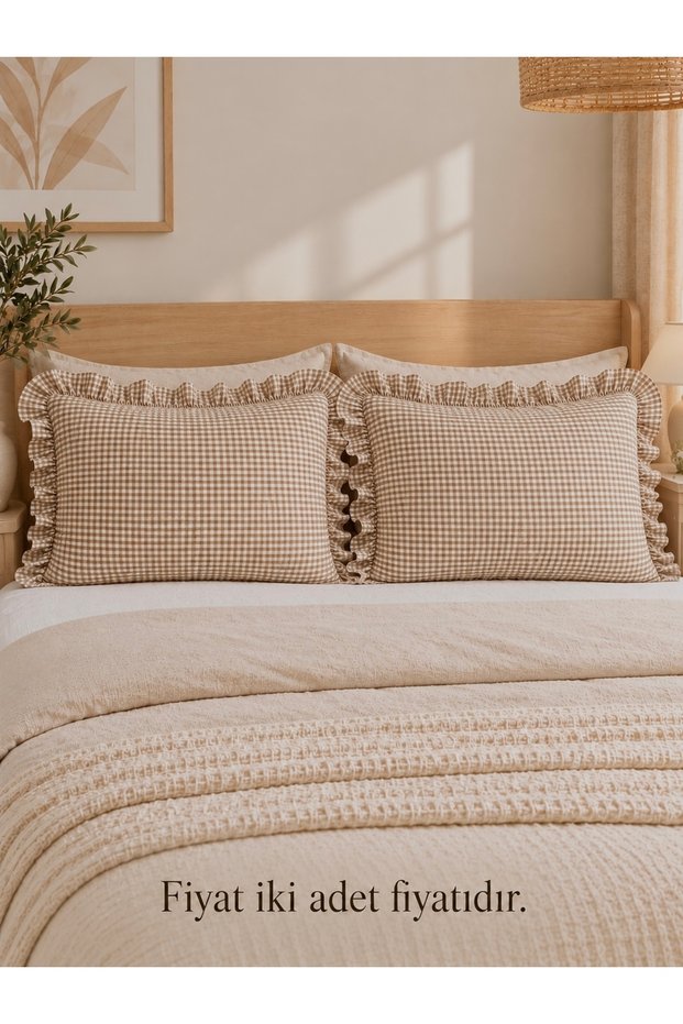 İris 2 Pieces Linen Mini Gingham Pillowcase Beige