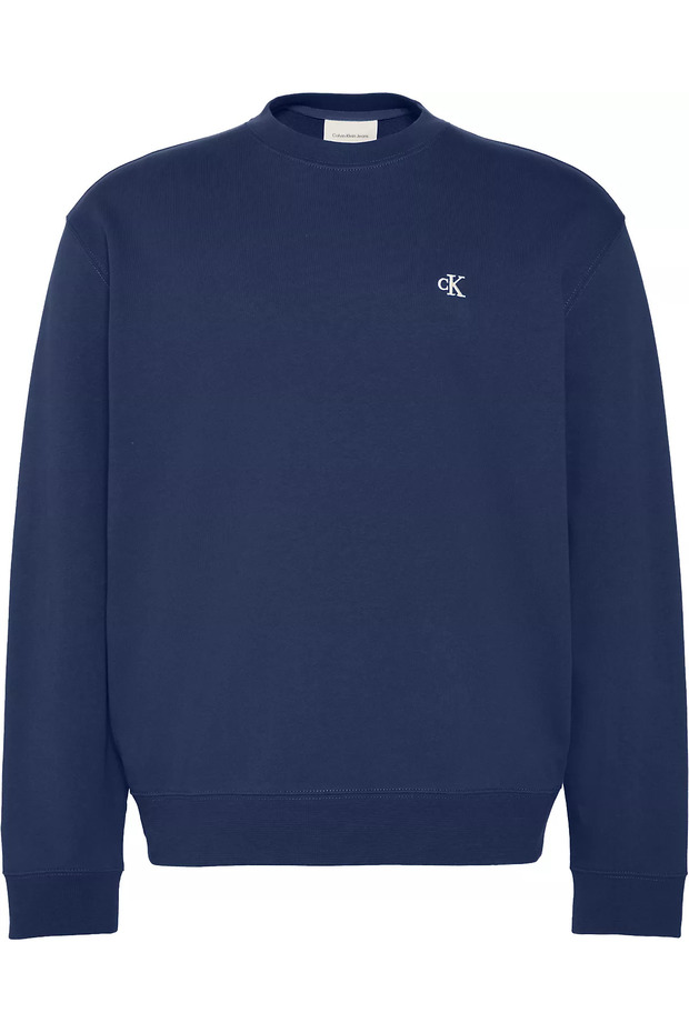Men's Regular Fit Terry Fabric Monogram Logo Crew Neck Long Sleeve Navy Blue Sweatshirt
