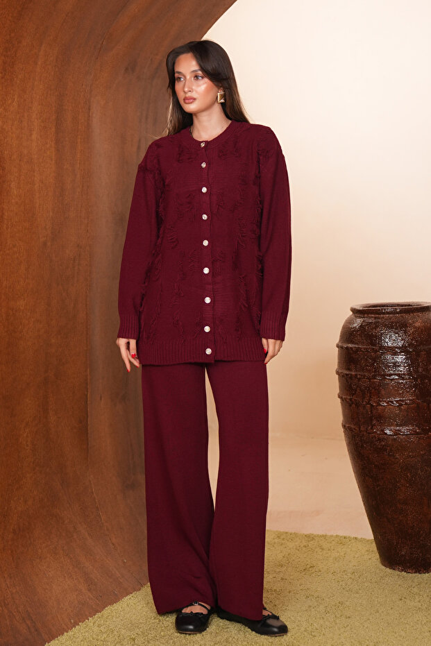 Women's Embossed Tassel Detailed Buttoned Long Cardigan Hijab Knitwear Set 8400
