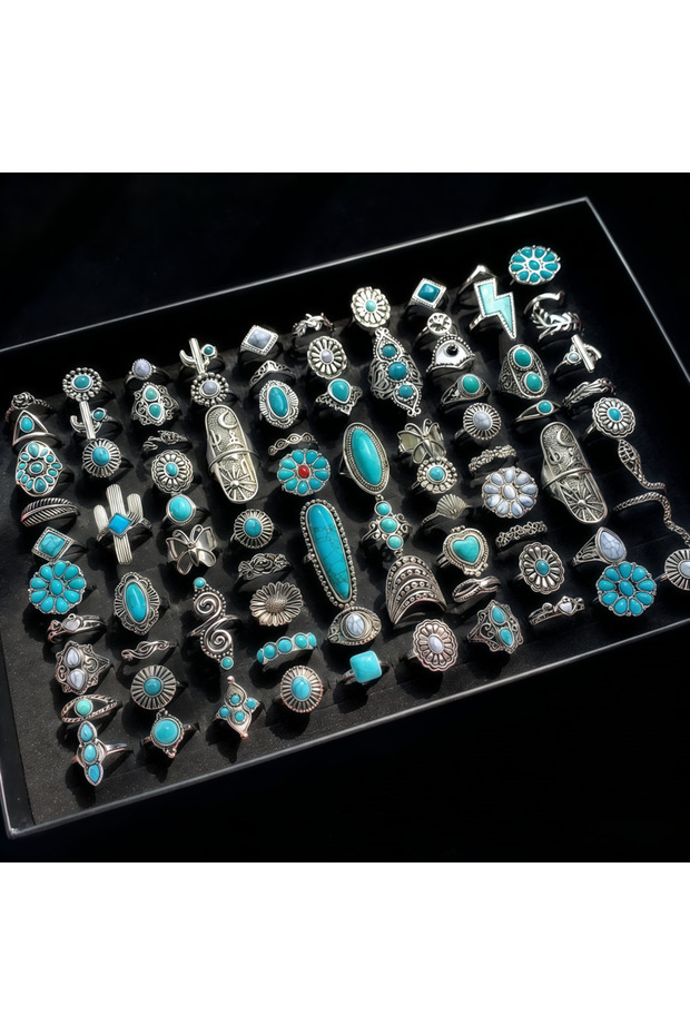 Mix Size16-20mm 6Pieces Mix Style 6/8/12/24Pieces Retro Bohemian Turquoise Rings Set For Women Mix S