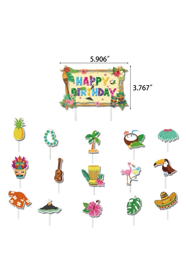 16Pcs Cake Toppers Hawaiian Party Happy Birthday Garland Cartoon Flamingo Pineapple Banner Cake Topp