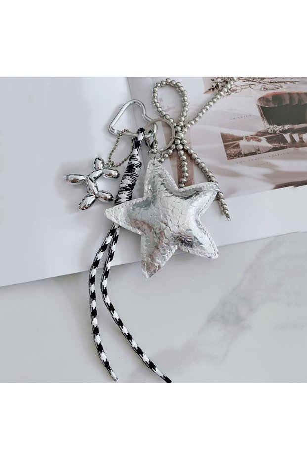 b-silver New Leather Star Bag Charm Cute Balloon Dog Rainbow Decorative Keychain Fashion Braided Rop
