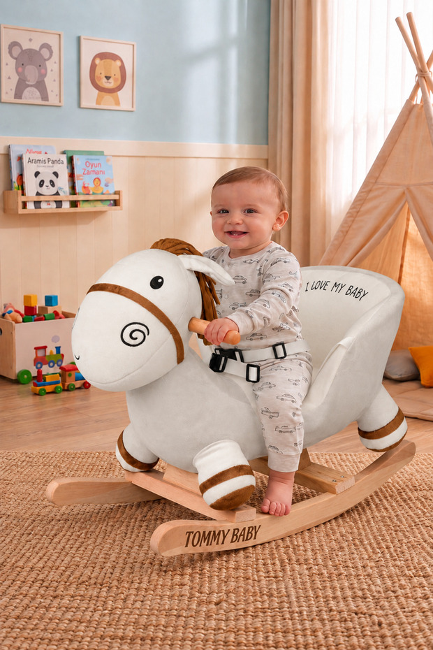 Educational Plush Rocking Horse with Wooden Legs Rocking Donkey