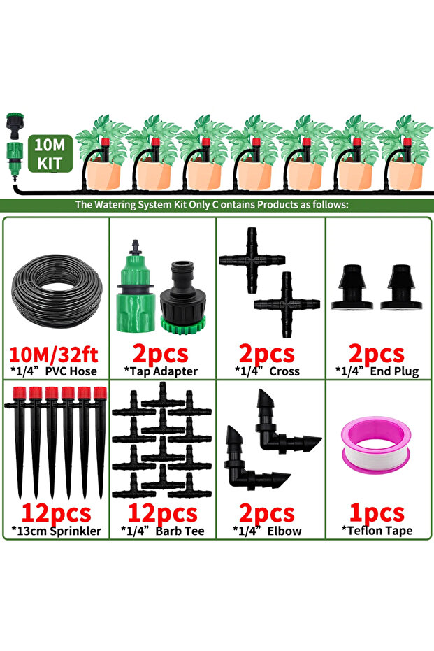 10M Garden Drip Irrigation Automatic Watering System Kit 1/4'' 13CM Sprinkler for Bonsai Pot Plant F