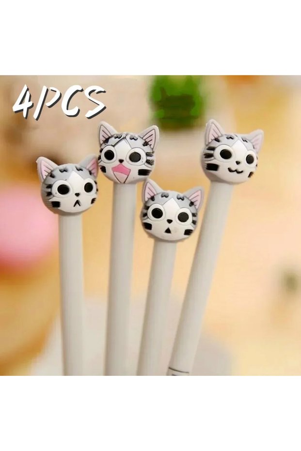 black 4pcs Cartoon Cute Cat Pen Korean Student Stationery Advertising Creative Bent School Office Wr