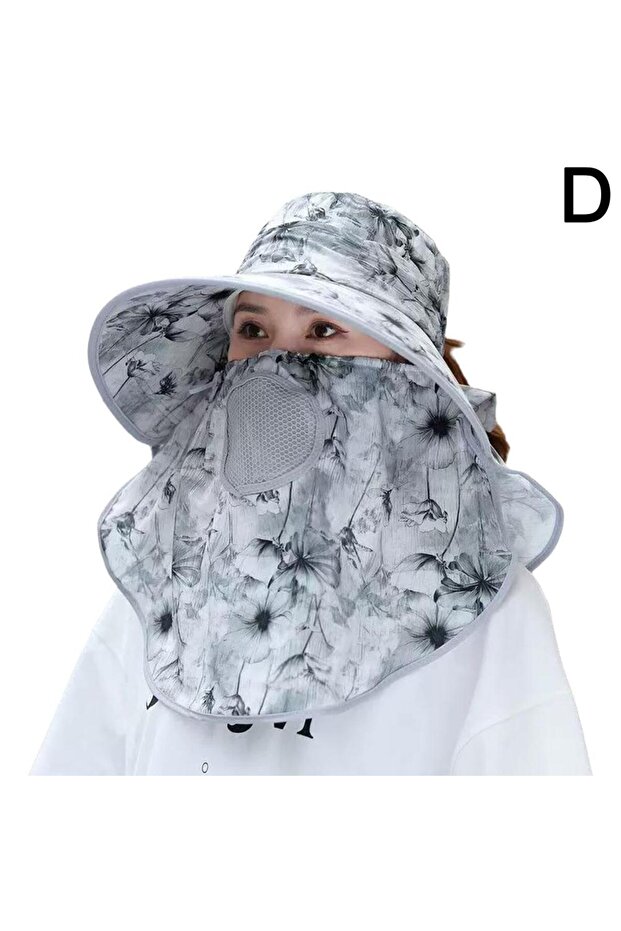 D Summer Women Wide Brim Garden Work Shade Hat Face Mask No Detachable Sunhat Outdoor Breathable Fis