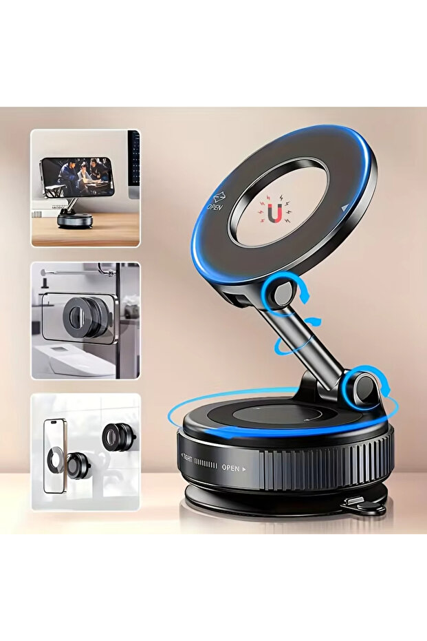 black Car Phone Holder with Vacuum Adsorption and Magnetic Suction, New 2025 Model, for In-Car Navig
