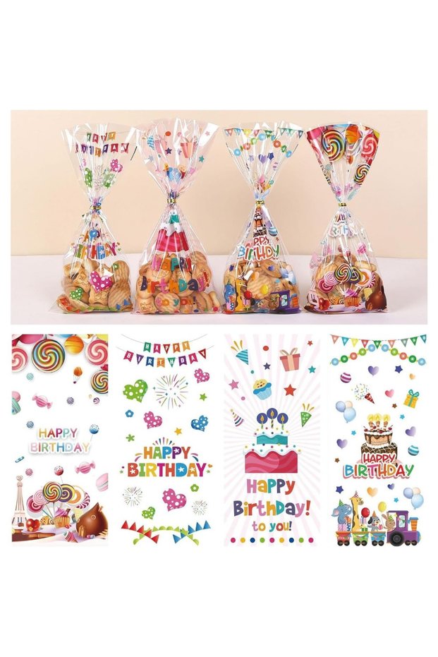 12.5x27cm Other 50pcs 50Pcs Happy Birthday Cellophane Goodie Bags Multi-color Clear Candy Bag Plasti