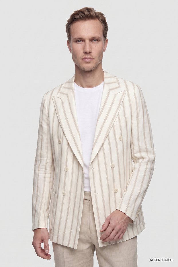 Slim Fit Ecru Dobby 100% Linen Double Breasted Fabric Jacket