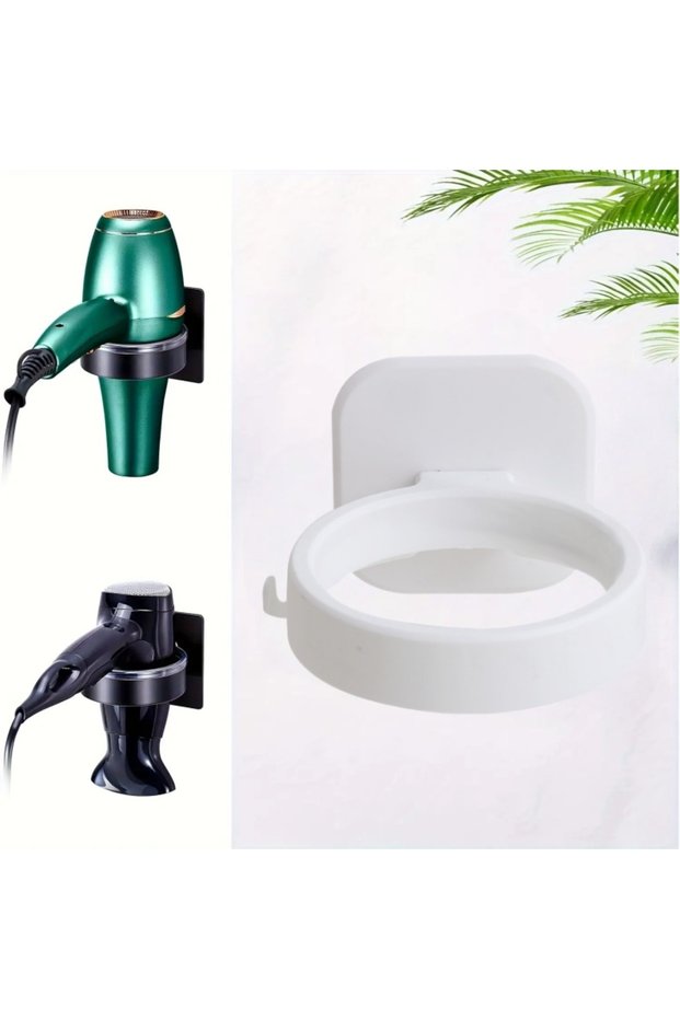 1pc Wall-mounted hair dryer stand without drill - bathroom organizer with multiple hooks, space-savi