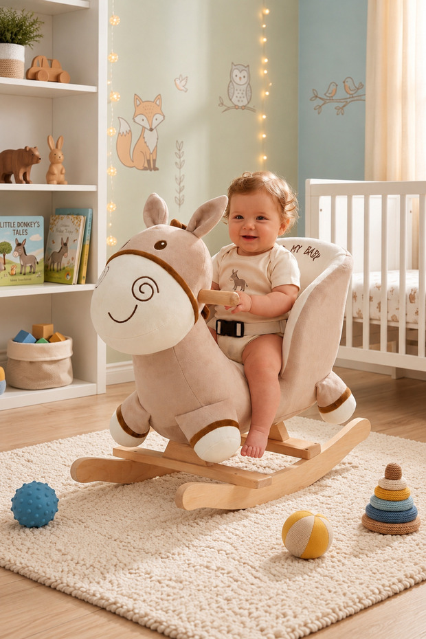 Educational Plush Rocking Horse with Wooden Legs Rocking Donkey