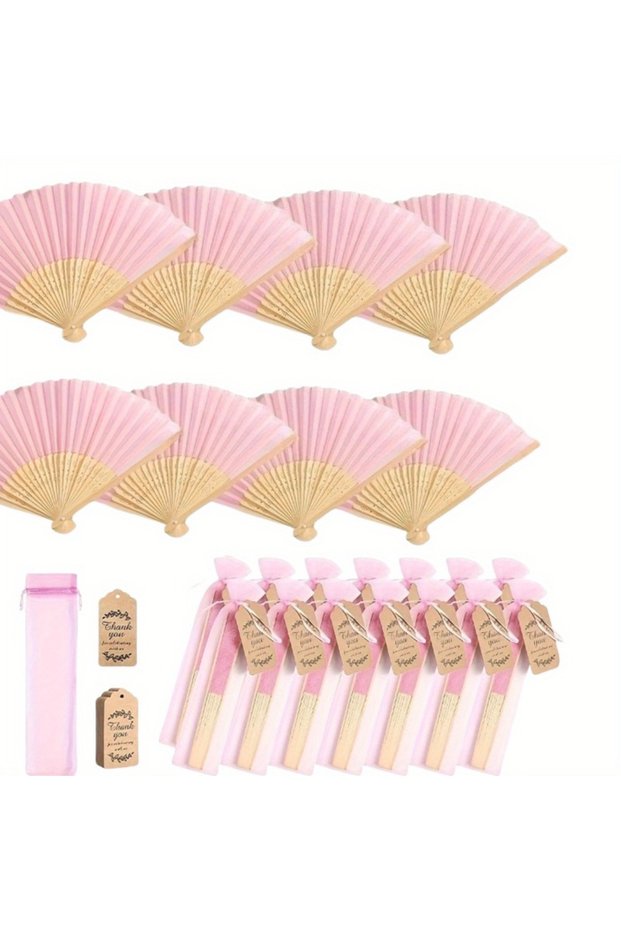 Pink 12Pcs Pink Bamboo Wood Folding Fan Set with Gift Bag Card Bridal Party Wedding Decor Photo Prop
