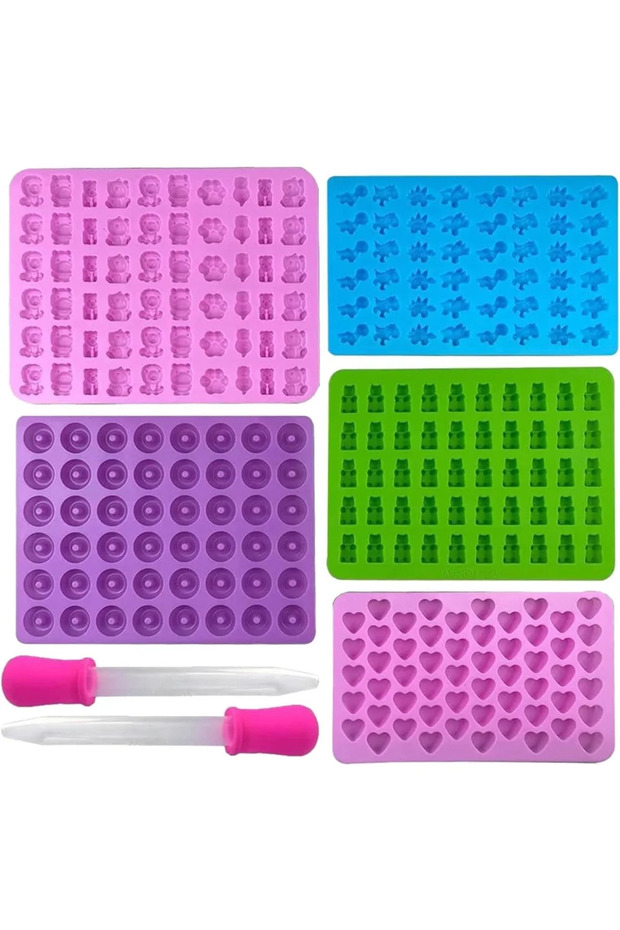 7PCS 5Pcs Candy Silicone Moulds with 2 Dropper Set Candy Gummy Molds Jelly Trays Mold Set Reusable C