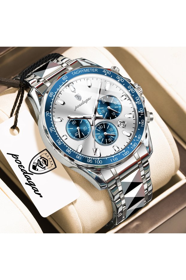 815 Silver White POEDAGAR Business Men Watch Waterproof Luminous Stainless Steel Sports Men's Watche