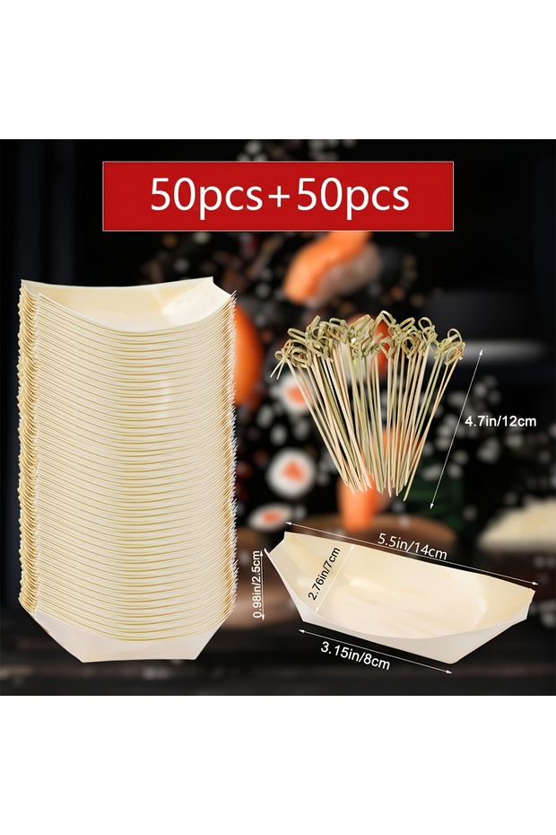 100Pcs 50/75/100/150 Pieces Disposable Serving Trays with Bamboo Sticks - Includes 25/50 Wooden Boat