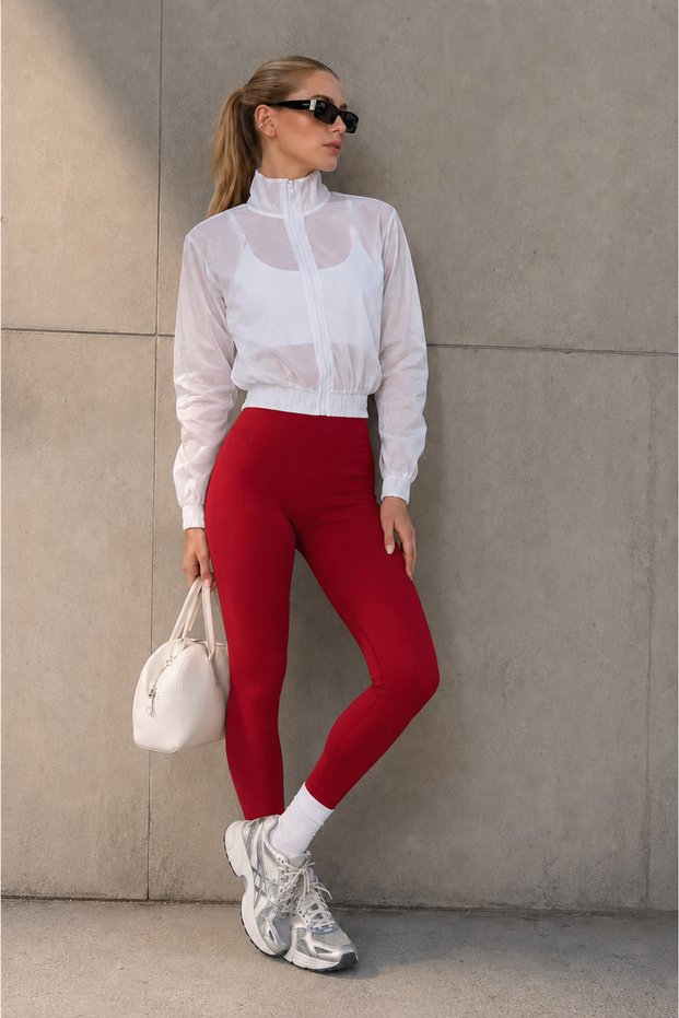 Burgundy High Waist Women's Ribbed Leggings Mg1625