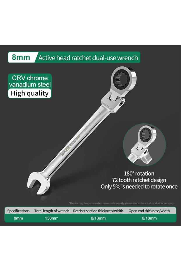8mm 6-10mm Automatic Fast And Labor-Saving Dual-Use Open-Ended Universal 72-Tooth Ratchet Wrench Mov