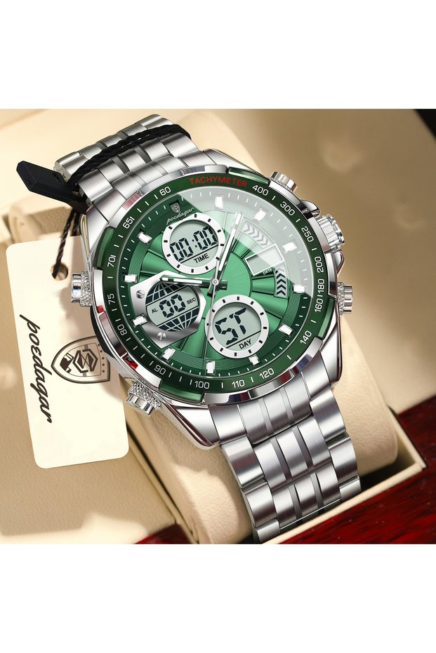 E108 Silver Green POEDAGAR Man Wristwatch Waterproof Electronic LED Men's Watches Dual Time Display