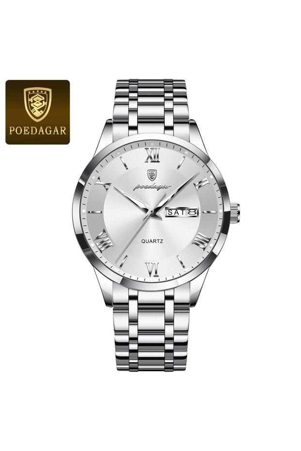 978 Silver White POEDAGAR Luxury Man Clock Waterproof Luminous Week Date Fashion Men's Wristwatch St