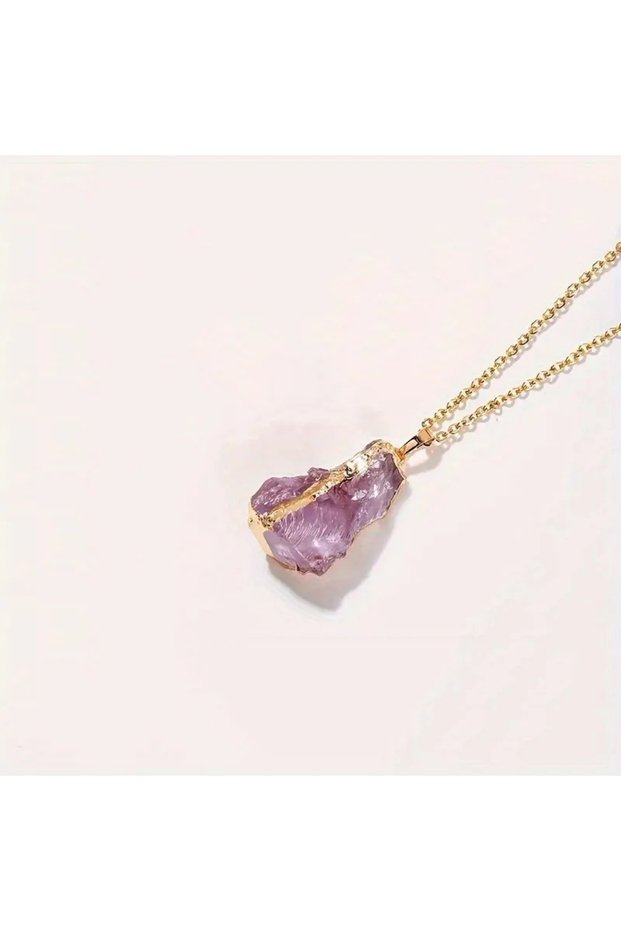 Amethyst Irregular Gold Plated Edge Natural Stone Pendant Amethyst Powder Crystal Pendant Necklace J