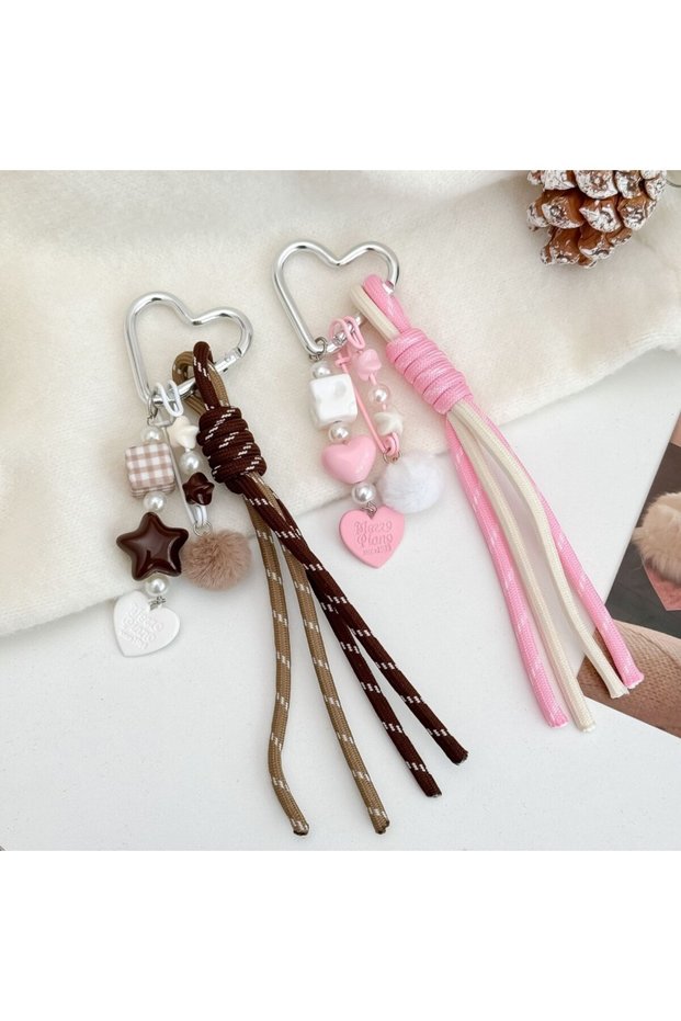 Pink And Brown Trendy Heart Plush Ball Keychain with Square Star Bead Pendant Colorful Woven Rope Ha