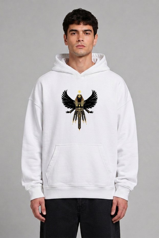 Egyptian God Design Pre-Printed Oversize White Hooded Sweatshirt