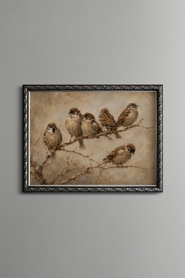 Six Sparrows on a Branch - Vintage Patterned Painting - Fine Model