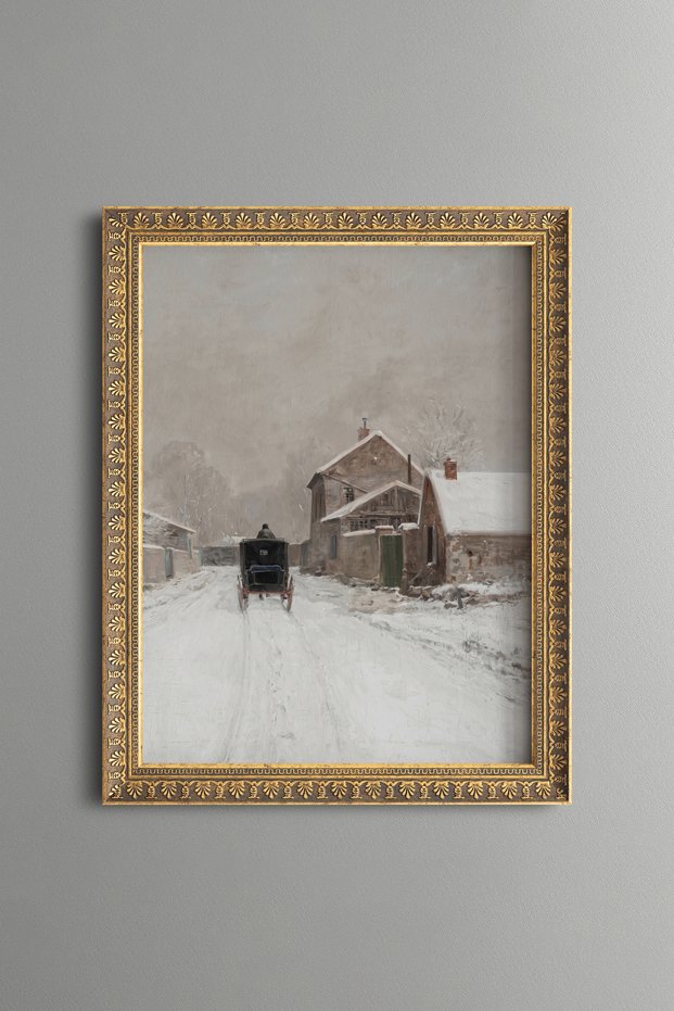 Horse Carriage on Snowy Village Road - Vintage Patterned Painting - Fine Model