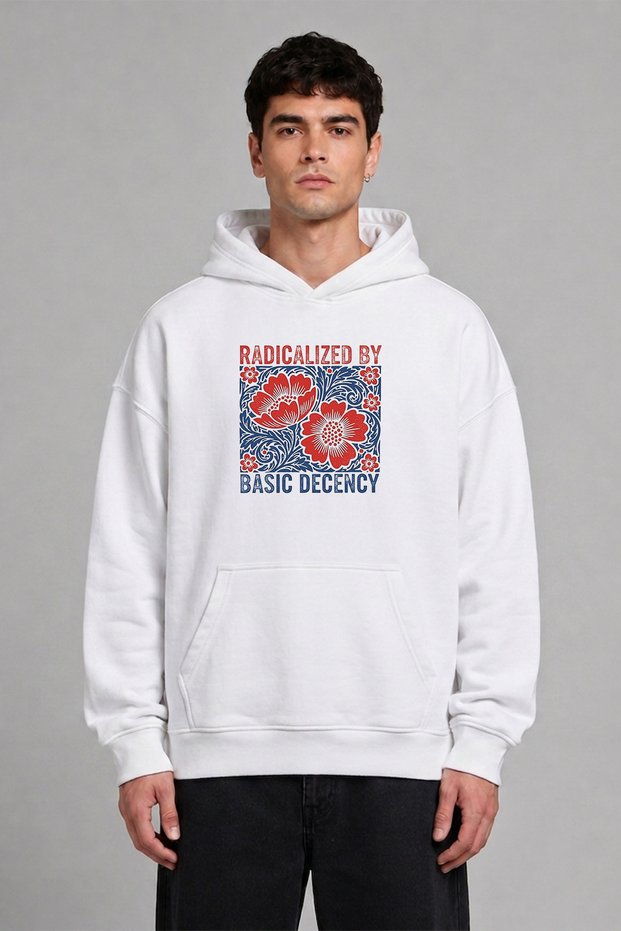 Basic Pattern Design Pre-Printed Oversize White Hooded Sweatshirt