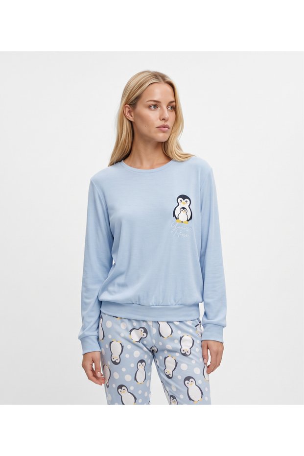 Women's Thermal Pajama Set with Blue Penguin Pattern