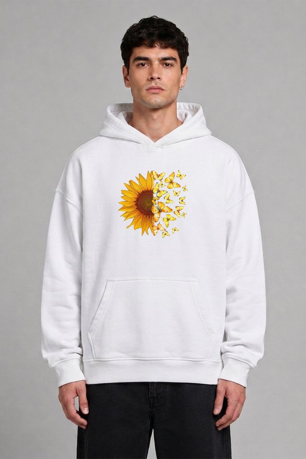 Daisy Butterfly Design Pre-Printed Oversize White Hooded Sweatshirt