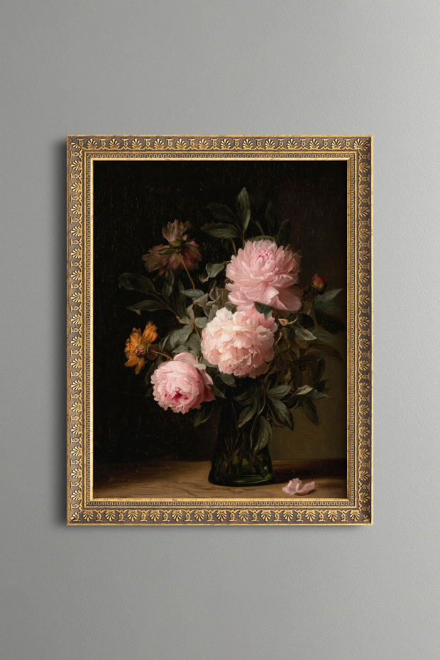 Pink Peonies in a Green Vase - Vintage Patterned Painting - Fine Model