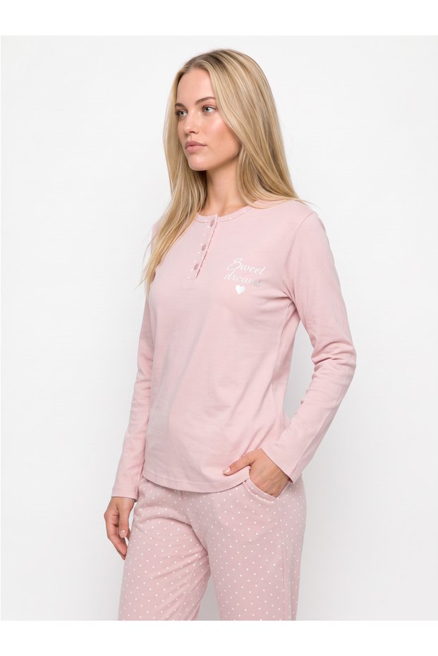 Women's Long Sleeved Pajama Set with Polka Dot Pattern