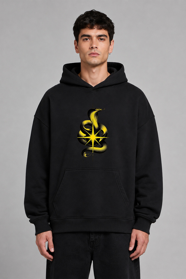 Yellow Snake Design Front Printed Oversize Black Hooded Sweatshirt