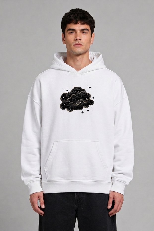 Black Clouds Design Pre-Printed Oversize White Hooded Sweatshirt