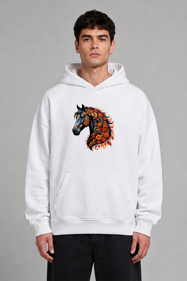 Floral Horse Design Pre-Printed Oversize White Hooded Sweatshirt
