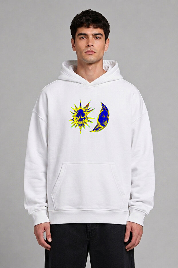 Moon and Sun Design Pre-Printed Oversize White Hooded Sweatshirt