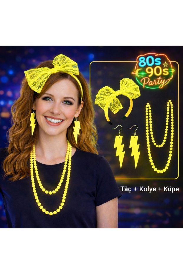 80S 90S Neon Yellow Party Set – Necklace Earrings Crown