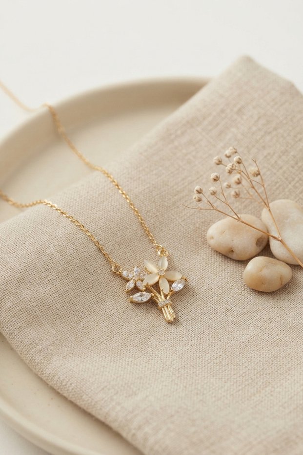 Gold-Toned Rice-Style Necklace with Zircon Stones in a Flower Design for Women - Lisinya LSELDR06