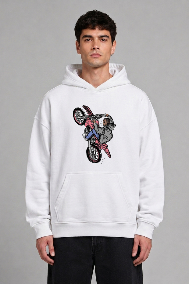 Artist Motorcu Design Pre-Printed Oversize White Hooded Sweatshirt