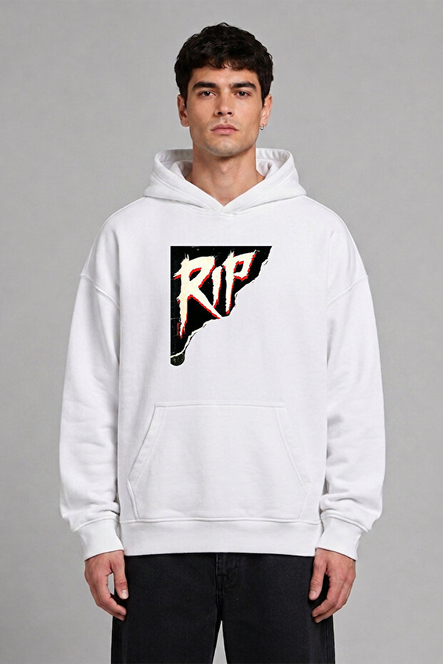 Graffiti Rip Design Pre-Printed Oversize White Hooded Sweatshirt