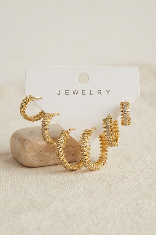 Gold Color Zircon Stone Brass Hoop Serrated Model Women's Earring Set -