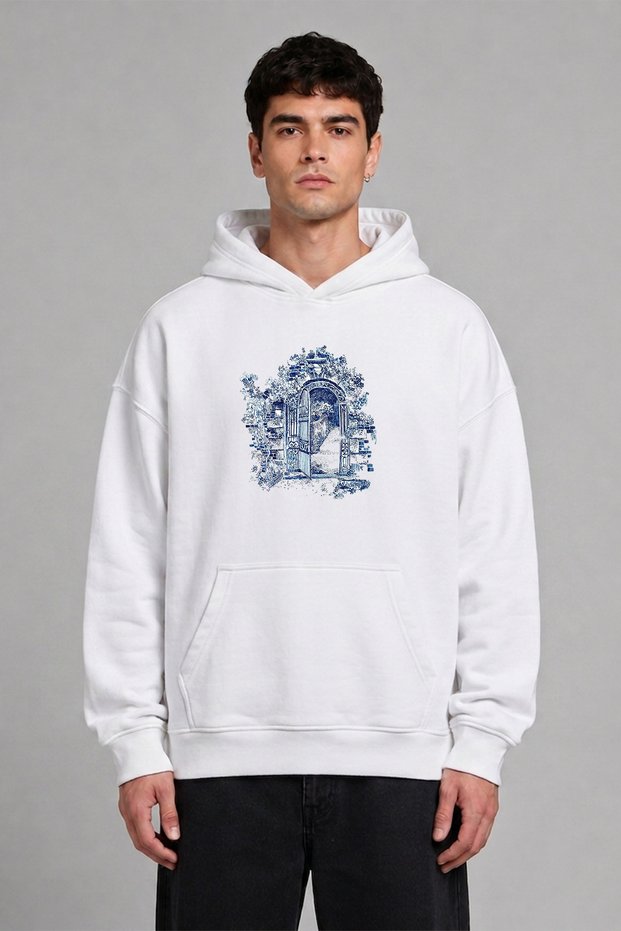 Blue Flowers Design Pre-Printed Oversize White Hooded Sweatshirt