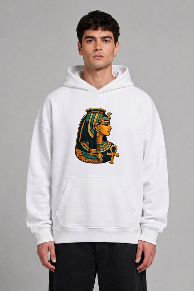Beautiful Egyptian Design Pre-Printed Oversize White Hooded Sweatshirt