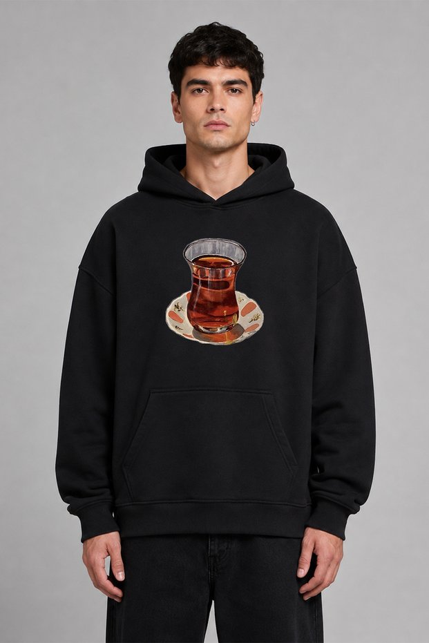 Tea Cup Design Pre-Printed Oversize Black Hooded Sweatshirt