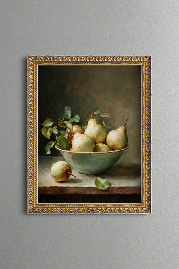 Green Pears in a Basket - Vintage Patterned Painting - Fine Model